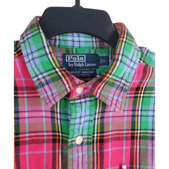 Polo Ralph Lauren Dungaree Work Shirt Mens L Green Red Blanket Flannel Plaid LS - Picture 6 of 12
